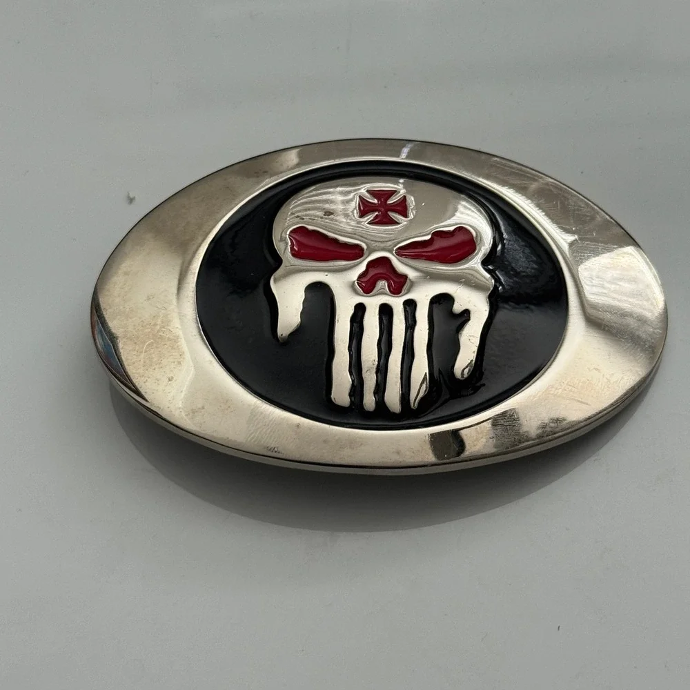 Punisher Skull Belt Buckle Metal Red Black Silver‎ Tone Oval